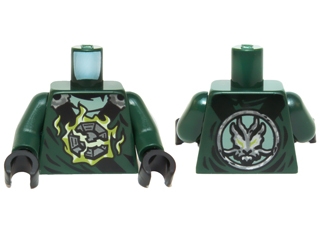 Torso Ninjago Black and Silver Straps, Broken Emblem with Yellowish Green Flames, Round Silver Emblem on Back Pattern / Dark Green Arms / Black Hands
I god stand.
