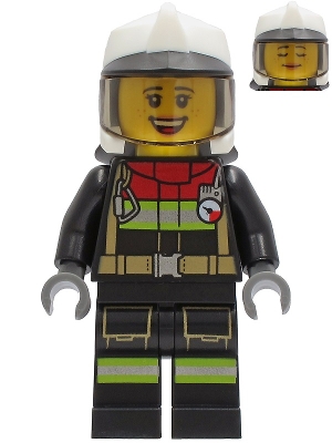 Fire - Female, Black Jacket and Legs with Reflective Stripes and Red Collar, White Fire Helmet, Trans-Brown Visor (Sarah Feldman)
Komplett i god stand.