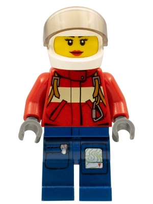 Fire - Pilot Female, Red Fire Suit with Carabiner, Dark Blue Legs with Map, White Helmet, Red Lips
Komplett i god stand.