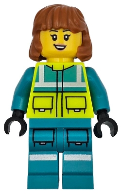 Ambulance Driver - Female, Dark Turquoise and Neon Yellow Safety Vest, Legs with Silver Reflective Stripes, Dark Orange Mid Length Hair
Komplett i god stand.