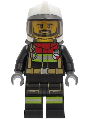Fire - Male, Black Jacket and Legs with Reflective Stripes and Red Collar, White Fire Helmet, Trans-Brown Visor, Black Beard
Komplett i god stand.