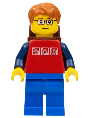 Red Shirt with 3 Silver Logos, Dark Blue Arms, Blue Legs, Dark Orange Short Tousled Hair, Brown Eyebrows, Backpack
Komplett i god stand,