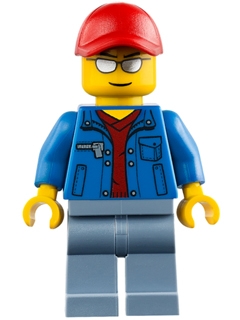 Blue Jacket over Dark Red V-Neck Sweater, Sand Blue Legs, Red Cap with Hole, Silver Sunglasses
Komplett i god stand.