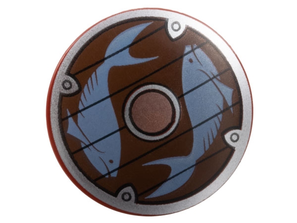 Minifigure, Shield Circular Convex Face with Silver Border, Copper Center, and Sand Blue Fish on Dark Brown Wood Background Pattern
I god stand.