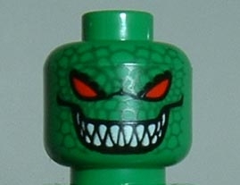 Minifigure, Head Alien with Red Eyes, Grin with Sharp Teeth, Reptile Scales Pattern
I god stand.