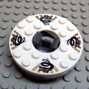 Turntable 6 x 6 x 1 1/3 Round Base with White Top with Black Dragons on Gold Pattern (Ninjago Spinner)
I god stand.