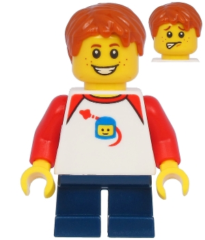 Boy with Classic Space Shirt with Red Sleeves, Dark Blue Short Legs, Dark Orange Hair
Komplett i god stand.