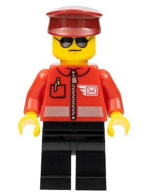 Post Office - Airmail Letter Logo and Red Jacket with Zipper, Dark Red Hat, Black Legs, Sunglasses
Komplett i god stand.