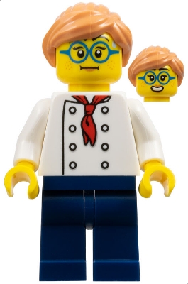 Pizza Chef - Female, White Torso with 8 Buttons, Dark Blue Legs, Nougat Hair, Glasses
Komplett i god stand.