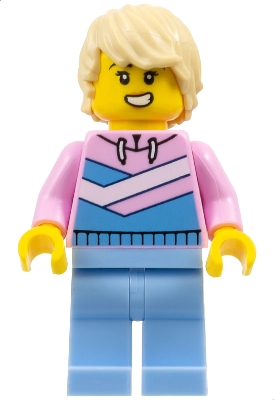 Tuk Tuk Driver - Female, Bright Pink Hoodie with Medium Blue and White Diagonal Stripes, Bright Light Blue Legs, Tan Tousled Hair
Komplett i god stand.