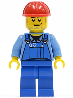 Overalls with Tools in Pocket Blue, Red Construction Helmet, Smirk and Stubble Beard
Komplett i god stand.