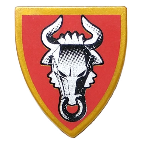 Minifigure, Shield Triangular Short with Silver and Black Adric Bull on Dark Red Background Pattern
I god stand.