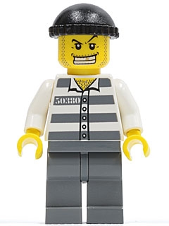 Police - Jail Prisoner 50380 Prison Stripes, Dark Bluish Gray Legs, Black Knit Cap, Gold Tooth
Komplett i god stand.