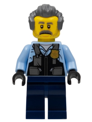 Police - Officer Sam Grizzled, Bright Light Blue Jacket, Dark Blue Legs, Dark Bluish Gray Hair
Komplett i god stand.