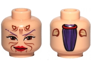 inifigure, Head Alien with Dark Purple Thin Eyebrows, Large Reddish Brown Eyes, Horns and Markings, Red Lips, Grin, Ponytail on Back Pattern
I god stand.