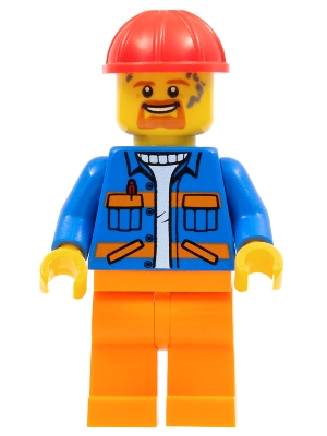 Blue Jacket with Diagonal Lower Pockets and Orange Stripes, Orange Legs, Red Construction Helmet
Komplett i god stand.