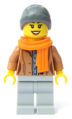 Customer - Female, Medium Nougat Jacket, Light Bluish Gray Legs, Dark Bluish Gray Beanie, Orange Scarf
komplett i god stand.