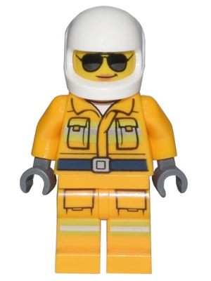 Fire - Reflective Stripes, Bright Light Orange Suit, White Helmet, Sunglasses
Komplett i god stand.