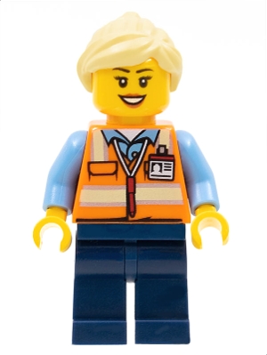 Train Worker - Female, Orange Safety Vest with Badge, Dark Blue Legs, Bright Light Yellow Ponytail and Swept Sideways Fringe
Komplett i god stand.