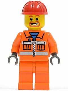 Construction Worker - Orange Zipper, Safety Stripes, Orange Arms, Orange Legs, Red Construction Helmet, Beard Around Mouth
Komplett i god stand.