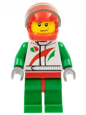 Race Car Driver, White Racing Suit with Octan Logo, Red Helmet with Trans-Brown Visor, Smirk and Stubble Beard
Komplett i god stand.