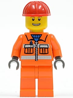 Construction Worker - Orange Zipper, Safety Stripes, Orange Arms, Orange Legs, Red Construction Helmet, Eyebrows, Thin Grin with Teeth
Komplett  i god stand.