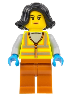 Recycling Worker - Female, Neon Yellow Safety Vest with Reflective Stripes, Dark Orange Legs, Black Hair
Komplett i god stand.