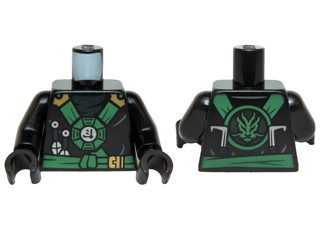 Torso Ninjago Green and Gold Straps and Belt, Round Emblem, Weapons and Dark Green Undershirt Pattern / Black Arms / Black Hands
I god stand.