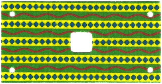 Cloth Rectangle 6 x 12 with 2 x 2 Cutout, Holes at Corners, Green and Yellow Stripes with Red Wavy Lines and Blue Diamonds Elephant Saddle Pattern
I god stand.