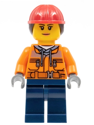 Construction Worker - Female, Orange Safety Jacket, Reflective Stripe, Sand Blue Hoodie, Dark Blue Legs, Red Construction Helmet with Dark Brown Ponytail Hair, Nougat Lips
Komplett i god stand.