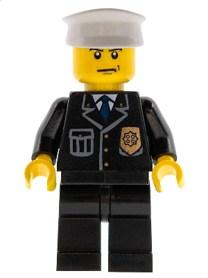 Police - City Suit with Blue Tie and Badge, Black Legs, Scowl, White Hat
Komplett i god stand.