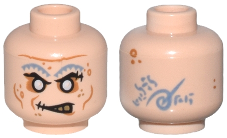 Minifigure, Head Alien Zombie with Sand Blue Eyebrows, Silver Eyes, Medium Nougat Eye Shadow, Cheek Lines and Spots, Lopsided Scowl with Dark Tan Teeth, Tattoos on Back Pattern
I god stand.