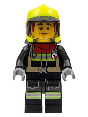 Fire - Male, Black Jacket and Legs with Reflective Stripes and Red Collar, Neon Yellow Fire Helmet, Trans-Brown Visor, Dark Orange Sideburns (Bob)
Komplett i god stand.