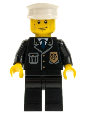 Police - City Suit with Blue Tie and Badge, Black Legs, Vertical Cheek Lines, Brown Eyebrows, White Hat
Komplett i god stand.