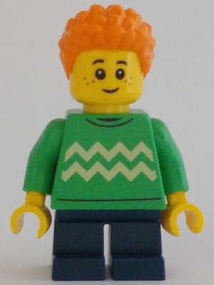Child - Boy, Bright Green Sweater with Bright Light Yellow Zigzag Lines, Dark Blue Short Legs, Orange Short Coiled Hair, Freckles
Komplett i god stand.