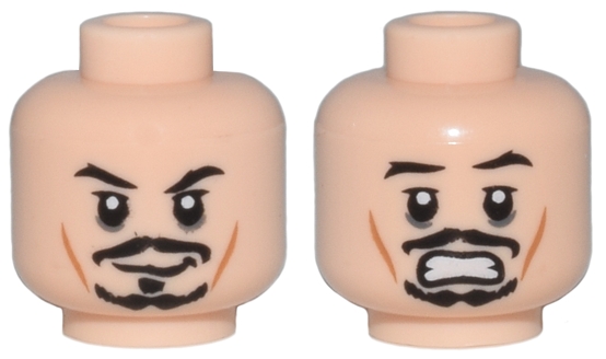 Minifigure, Head Dual Sided PotC Jack Sparrow Black Moustache and Goatee, Cheek Lines, Smile / Scared Pattern
I god stand.