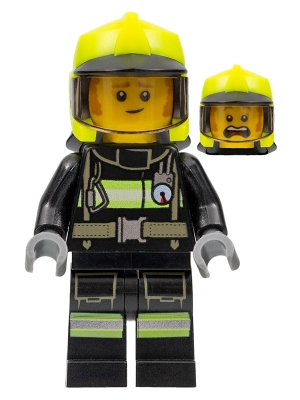 Fire - Fireman Clemmons, Reflective Stripes with Utility Belt, Black Legs, Neon Yellow Fire Helmet, Trans-Brown Visor, Sideburns
Komplett i god stand.